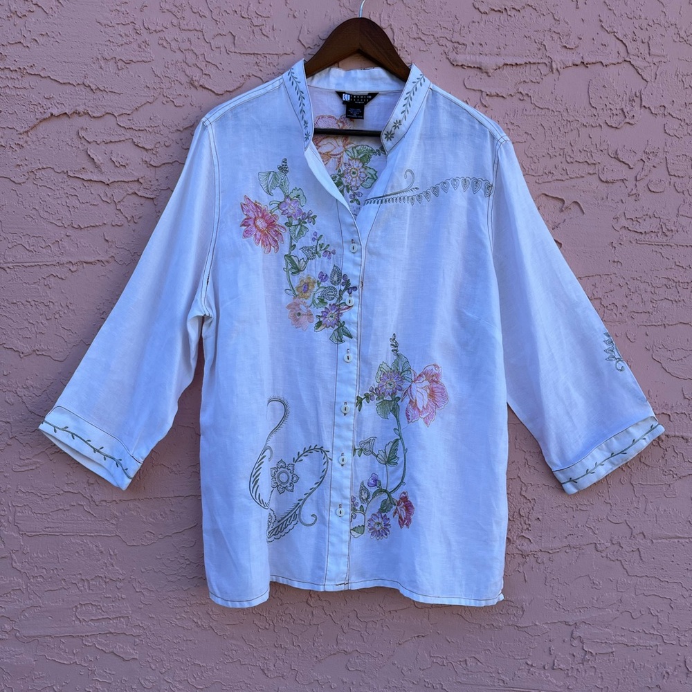 Carole Little Linen Embroidered Blouse Button Down Floral Butterfly Garden Sz 1X